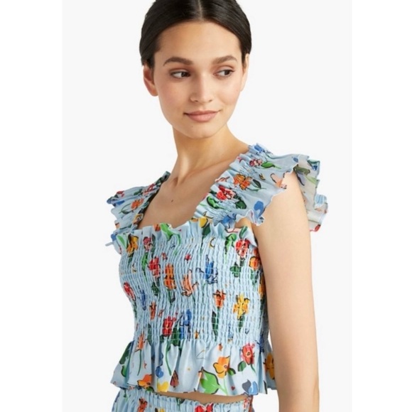Hill House Tops - Hill House Linen Floral Smocked Crop Top XS
